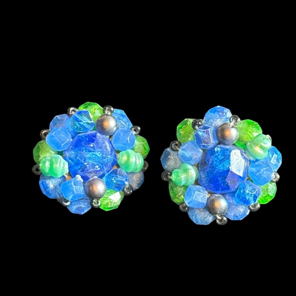 Vintage German Blue Green Glass Bead Cluster Clip On Earrings Mid Century Retro